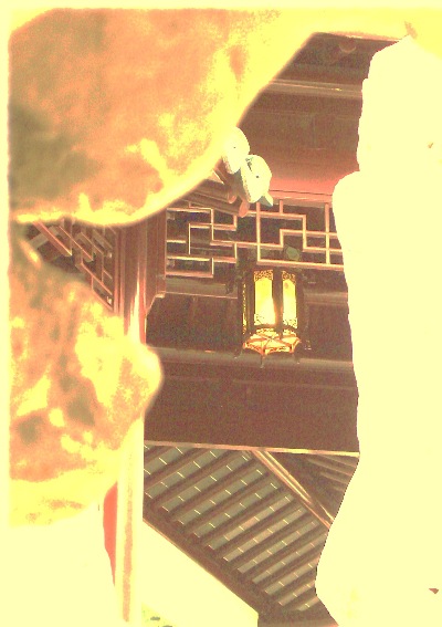 An unusual lighting effect, looking through a Taihu rock just below the Northern side of the Climbing Mountain half Pavilion, in the Dunedin Chinese Garden  " Lan Yuan."