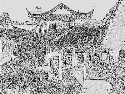 A stylized image to show-up the ' Elemental Fit, ' necessary in a Chinese Garden - this is in fact in the Dunedin Chinese Garden Northern quarter, as one descends from the Climbing Mountain half Pavilion, towards the Tower Block.