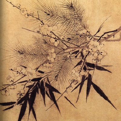 Closeup of " The Three Friends of Winter," panting by Zhao Mengjianinthe 14th Century. 