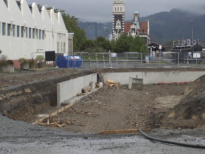 Following excavation, the ' Ponding ' exterior foundation wall is established.