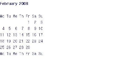 February 2008 Calendar dates