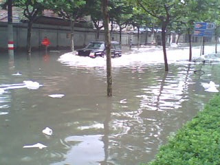 Street flooding outside, what could very easily be the walls of a Chinese garden.